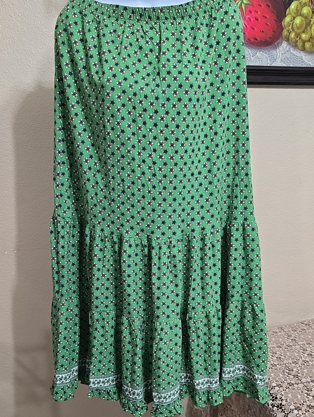 Max Studio Green Floral Tiered Maxi Skirt with Border Print